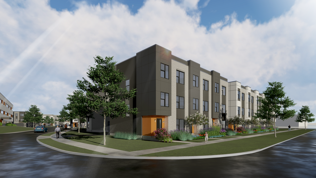 rendering of apartment or townhomes from a corner view